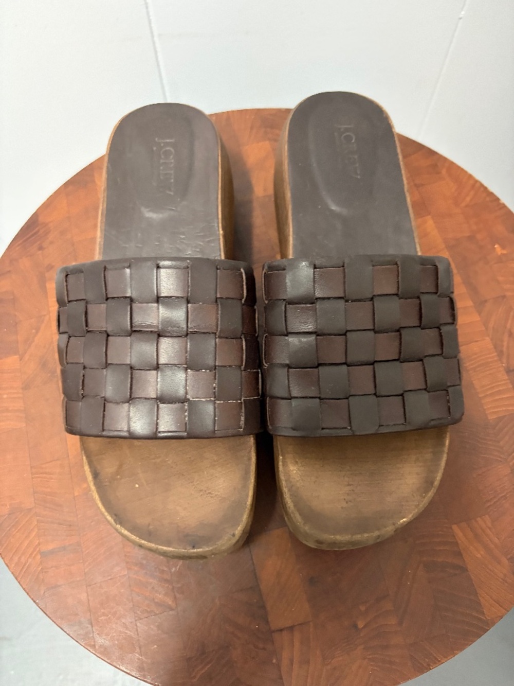Vintage J Crew Woven Brown Leather Platform Slide Sandals Women's Size 8
